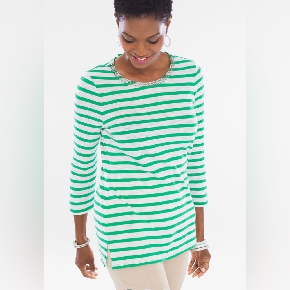 Chico’s Green Striped Bedazzled Embellished-Neckline Top Nautical Size 16